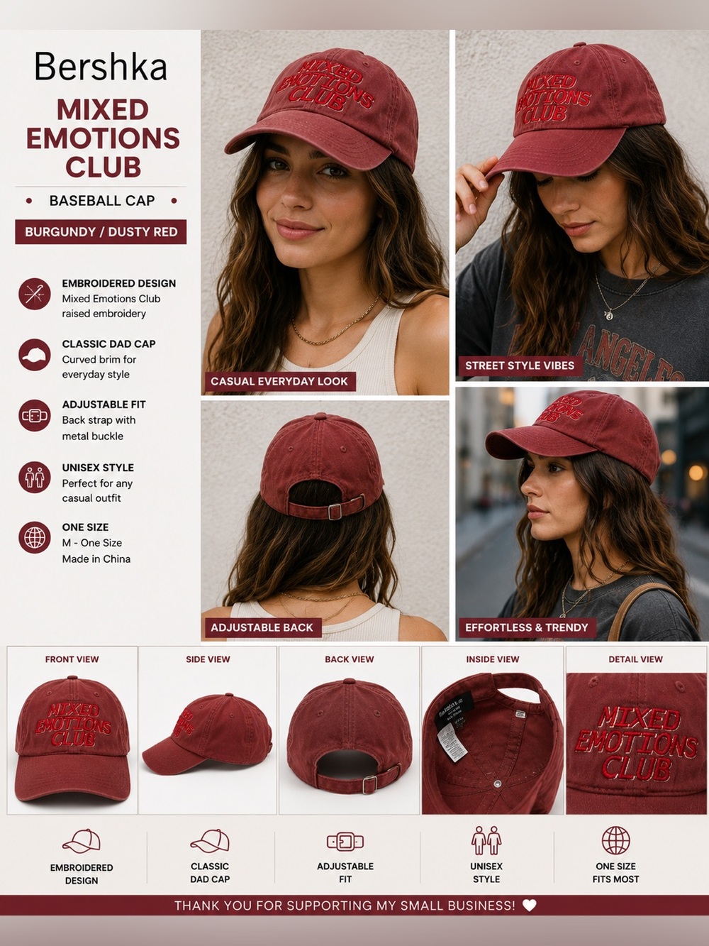 Bershka Mixed Emotions Club Embroidered Baseball Cap Burgundy Adjustable Hat